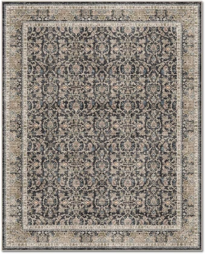 Washable 3x5 Entryway Rug, Boho Non-Slip Vintage Distress Small Rugs for Kitchen Nursery Office Bedroom, 0.3" Neutral Oriental Throw Thin Carpet with Cushioning Pad, Black/Brown/Blue/Multi