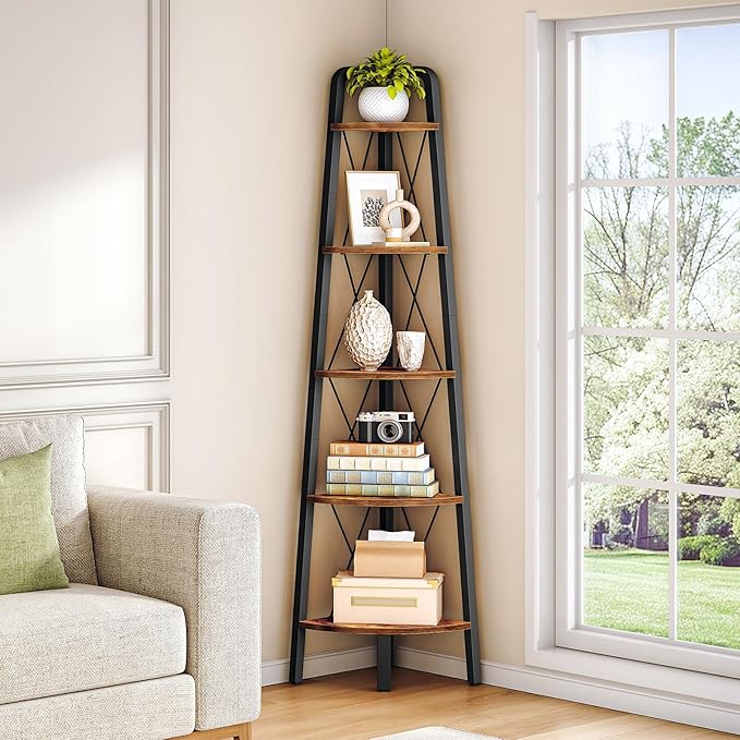 HOOBRO Corner Shelf, 5-Tier Corner Shelf Stand, 66.9” Tall Ladder Bookshelf, Industrial Corner Display Shelf Plant Stand for Living Room, Kitchen, Home Office, Rustic Brown BF145CJ01