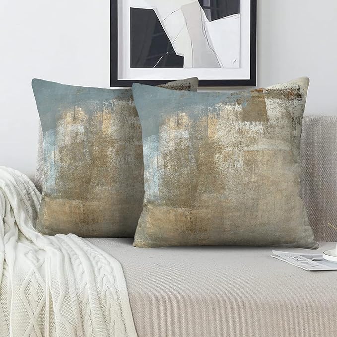 Grey and Beige Abstract Art Contemporary Pillow Cover, Modern Neutral Decorative Throw Pillows Cushion Cover for Bedroom Sofa Living Room 24 x 24 Inch Set of 2