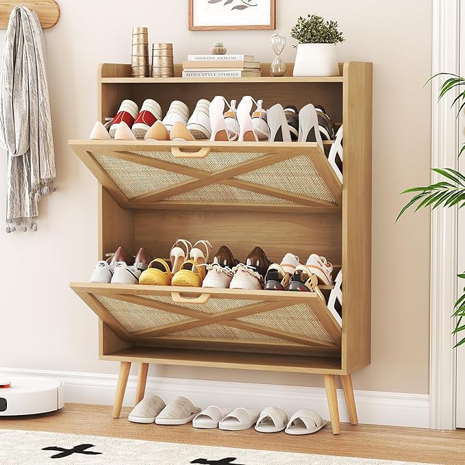 Shoe Cabinet with 2 Flip Drawers, Farmhouse Hidden Shoe Storage Cabinets, Narrow Wooden Shoes Organizer for Entryway, Slim Freestanding Shoe Rack Cabinet for Front Door Entrance, Rattan Natural