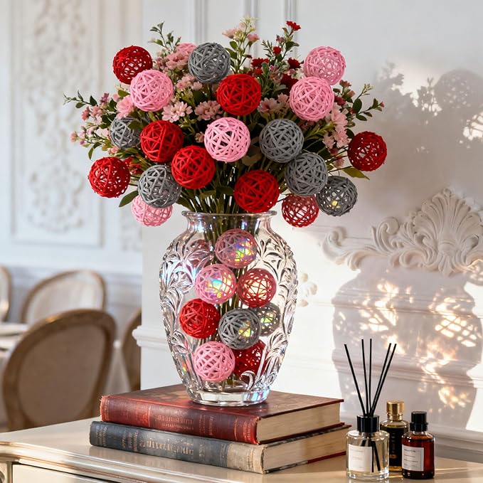 Yaomiao 15 Pieces Vase Filler Rattan Balls Decorative for Craft, Party, Wedding Table Decoration, Aromatherapy Accessories, 1.8 Inch (Pink Red Gray)