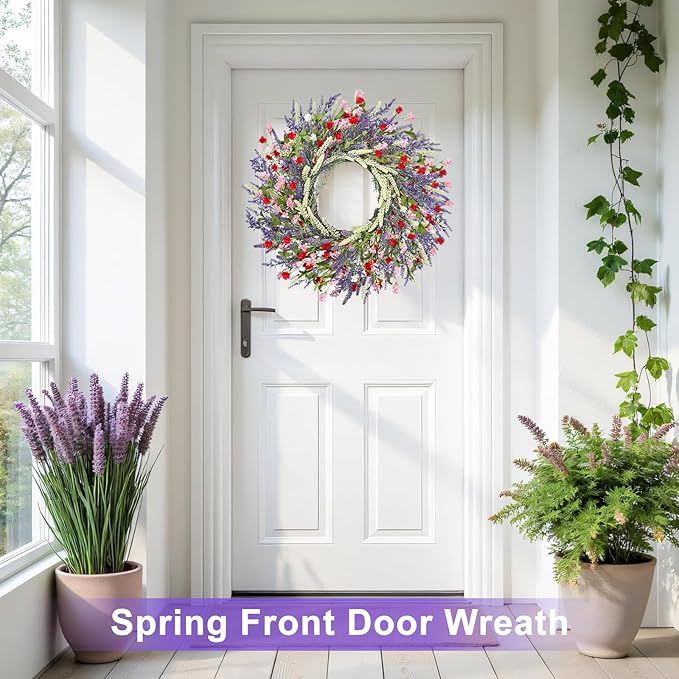 LZNPA 26 Inch Large Lavender Wreath for Front Door Greenery Summer Spring Wreaths for Front Door Wreaths for Front Door All Seasons for Wedding Farmhouse Wall Porch Window Decor(Red Pink Lavender)