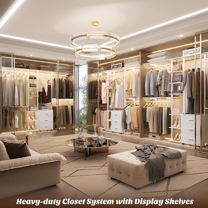Aheaplus Closet System with Drawers, Closet Organizer System Storage with Shelves, 96'' Walk-in Closet with 5 Hanging Rods, Heavy Duty Wall Mounted Clothes Wardrobe Garment Rack,-Metal Frame, White
