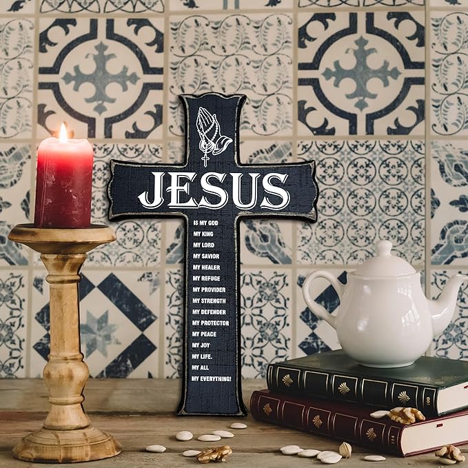 Cross Wall Decor - Black Scripture Wooden Cross For Wall - Gothic Wooden Hanging Signs Christian Easter Decor for Home Office Church Baptism - Christian Gifts for Men Women (Jesus) - A08