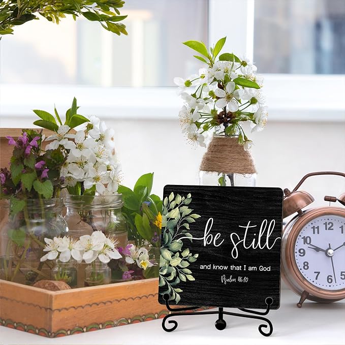 Inspirational Christian Desk Decor, Be Still And Know That I Am God Sign, Desk Decorations For Office Home Living Room Bathroom, Eucalyptus Shelf Decor, Wooden Plaque With Stand (01)