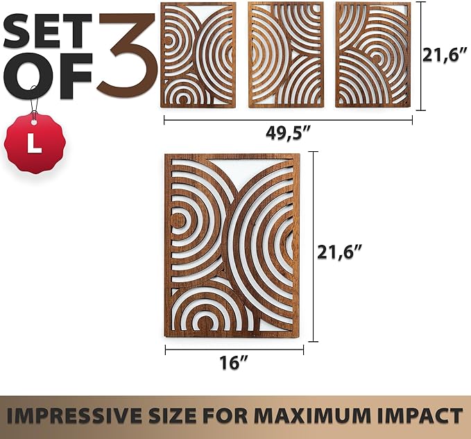 qmmp Modern Wooden Wall Sculptures - Set of 3 - Home Decor Accent - Large Wall Art for Living Room, Bedroom, Office - Easy Installation (Walnut, Large - Orbit)