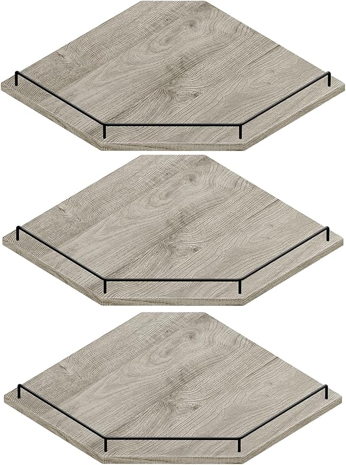 JJL Corner Shelf Wall Mounted, 12 Inches 3-Tier Floating Corner Shelf, Hexagon Rustic Wood Decor with Fence, Gray Wood Grain Floating Shelves for Apartment Bedroom Kitchen Bathroom
