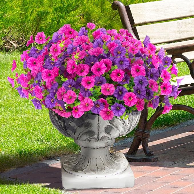 12 Bundles Morning Glory Artificial Flowers for Outdoor Decoration UV Resistant Fake Plastic Plants Artificial Greenery for Indoor Outdoor Garden Patio Window Box Home Decor