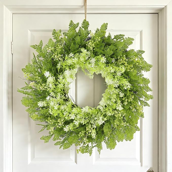 26" Spring Summer Greenery Wreath for Front Door, Large Green Wreath with Fern Leaves and White Flowers All Seasons for Indoor Outdoor Door Wall Window Porch Farmhouse All Season Home Decor