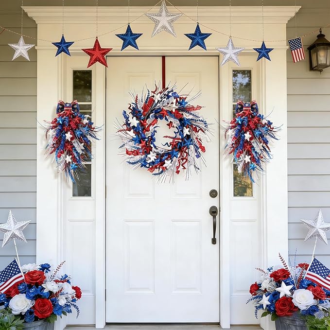 Idyllic 2 Pcs Red White and Blue Glitter Patriotic Swag with Stars & Double Bow | Sparkling 4th of July Memorial Day Front Door Hanging Decor
