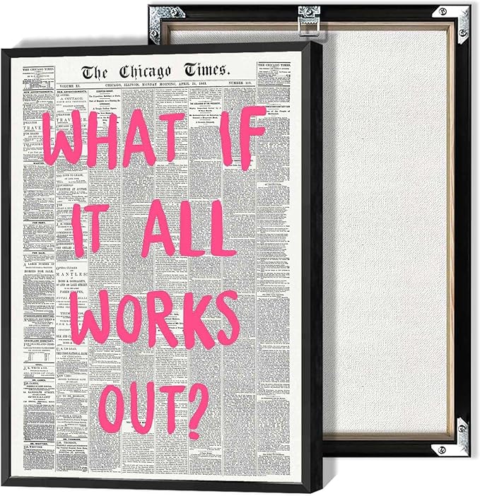 What If It All Works Out Poster Retro Newspaper Pink Font Canvas Wall Art Positive Affirming Quote Minimalist Prints Painting For Home Bedroom Dorm Wall Decor 16x24in Framed