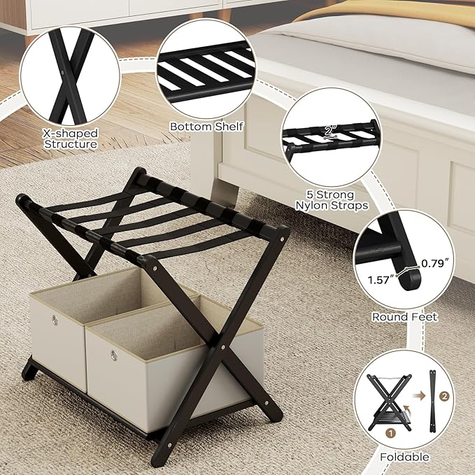 2 Pack Fully Assembled Black Luggage Racks with 4 Storage Boxes, Bamboo 26.77" Foldable Suitcase Stand for Guest Room with 5 Nylon Straps, Luggage Rack Holder with Shelf for Bedroom Hotel
