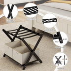 2 Pack Fully Assembled Black Luggage Racks with 4 Storage Boxes, Bamboo 26.77" Foldable Suitcase Stand for Guest Room with 5 Nylon Straps, Luggage Rack Holder with Shelf for Bedroom Hotel