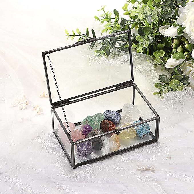 Hipiwe Vintage Glass Keepsake Box - Rectangle Jewelry Display Organizer with Lidded Box for Home Decor and Storage of Trinket Rings, Bracelet - Black, Small