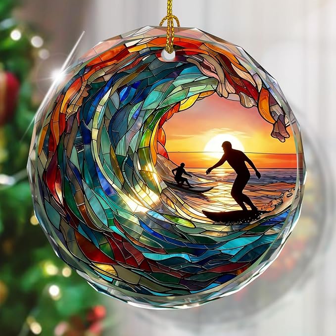 Surfing Stained Glass Ornament, Christmas Tree Decor, Surfing Ornaments for Christmas Tree, Holiday Presents, Gift Exchange