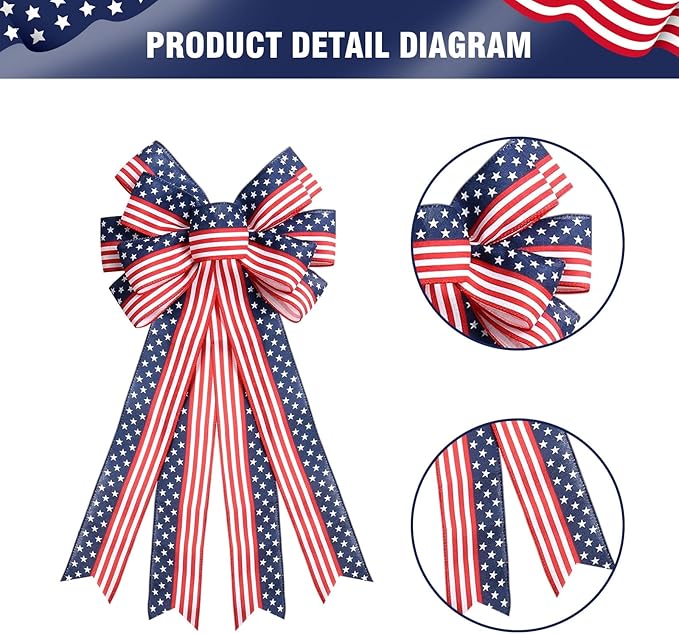 2PCS Large 4th of July Patriotic Bows for Wreath with Red White & Blue Stripe Stars Design for Front Door, Outdoor & Indoor Independence Day Decor