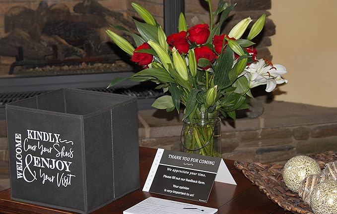 Shoe Cover Box - Welcome Guests to Please Cover Shoes. Indoor Foldable Storage Bin to Fill w/your Favorite Booties. For Homeowner, Real Estate Agent, Realtor Open House Supplies | 1 Grey & White