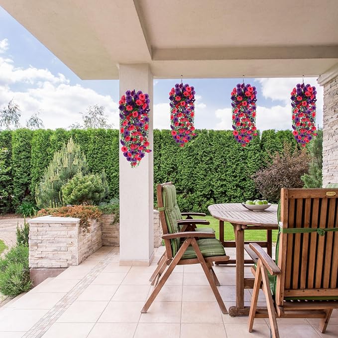 Fake Artificial Hanging Flowers for Outdoor, 2 PCS Silk Morning Glory Faux Flowers with Eucalyptus Leaves,Realistic Hanging Plants for Wedding Home Office Garden Decor