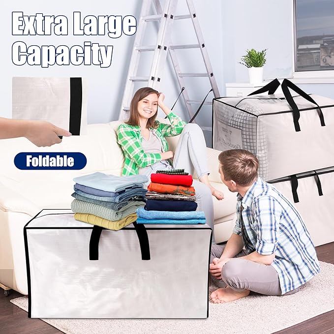 SWEET DOLPHIN 12 Pack Extra Large Moving Bags with Strong Zippers & Carrying Handles, Heavy Duty Storage Tote for Space Saving Moving Storage, Fold Flat, Alternative to Moving Box, Semi-Transparent