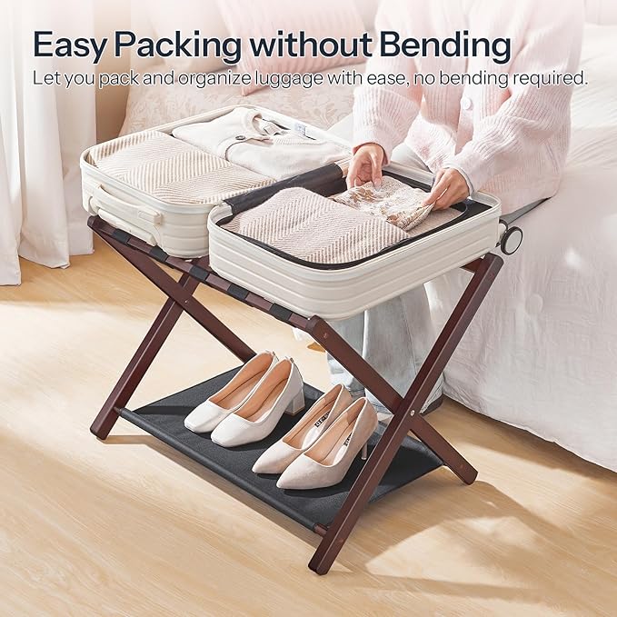 HOOBRO Luggage Rack, Bamboo Suitcase Stand, Folding Luggage Holder, with Nylon Straps and Oxford Fabric Shelf, for Guest Room, Hotel, Bedroom, Brown and Black BR17XL01G1
