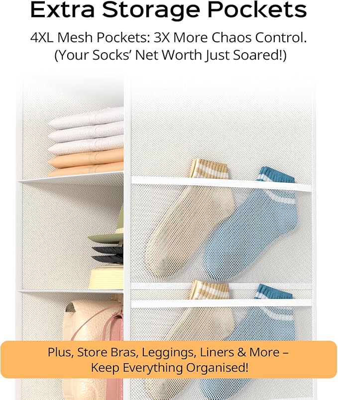 Extra Deep Hanging Closet Organizers and Storage, 5-Tier Closet Hanging Organizer with 4 Mesh Pockets, Heavy-Duty Closet Shelves for Clothes and Hats, Ideal for Dorms and RVs, 1-Pack, White