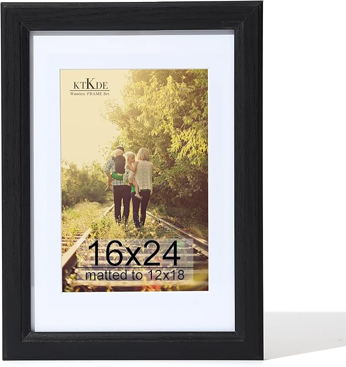 KTKDE 16x24 Picture Frame,Poster Frame Display Pictures 12 x 18 with Mat or 16x24 Without, Tempered Glass, 24 by 16 Black Wooden Frame Wall Gallery Photo Frame best gift