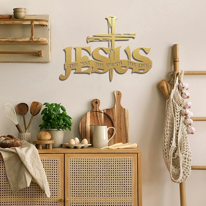 Jesus Cross Metal Wall Decor Christian Wall Art for Home Religious Cross Decoration Living Room Bedroom Prayer Room The Way The Truth The Life Christ Inspired Christian Gift for Family Friends(Gold)