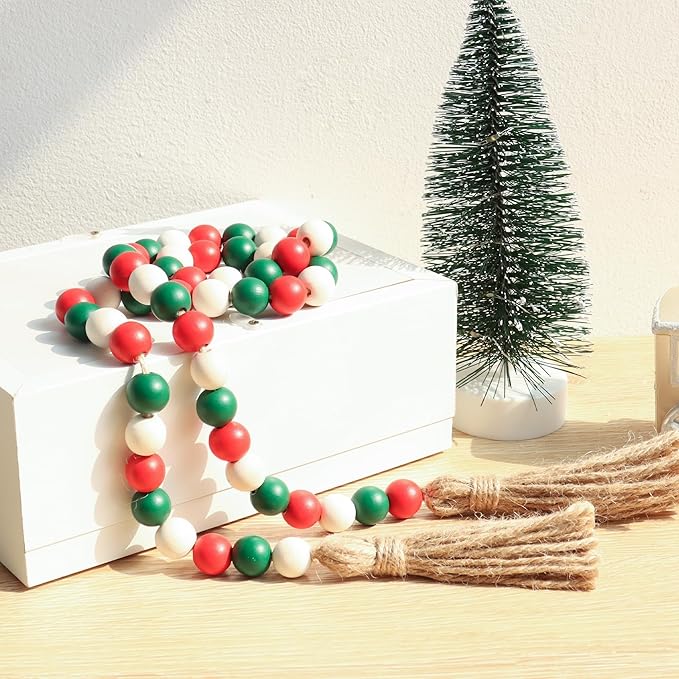 Christmas Wood Bead Garland,39in Farmhouse Beads with Tassels Tiered Tray Decor Wall Hanging Home Ornaments for Christmas Tree Decorations