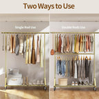 Luxspire Heavy Duty Clothes Rack Load 600 LBS, Double Rod Clothing Rack, Rolling Garment Racks with Lockable Wheels, Shelves, Adjustable Laundry Hanging Racks for Clothes, Gold