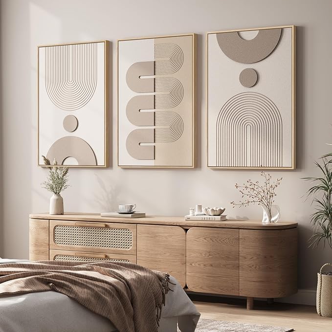Large 3D Textured Framed Boho Neutral Abstract Wall Art for Living Room, 3 Piece Modern Paintings Artwork for Walls, Minimalist Beige White Geometric Pictures for Bedroom Hallway Office Wall Decor 24x36 In