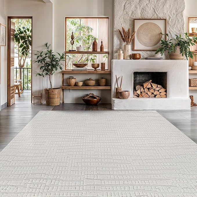Modern Micro Loop Indoor Area Rugs for Living Room Bedroom Kitchen Geometric Pebble White 5x7 Luxury Durable Low and High Pile Non-Shedding Stain Resistant Soft Area Carpet 5 x 7