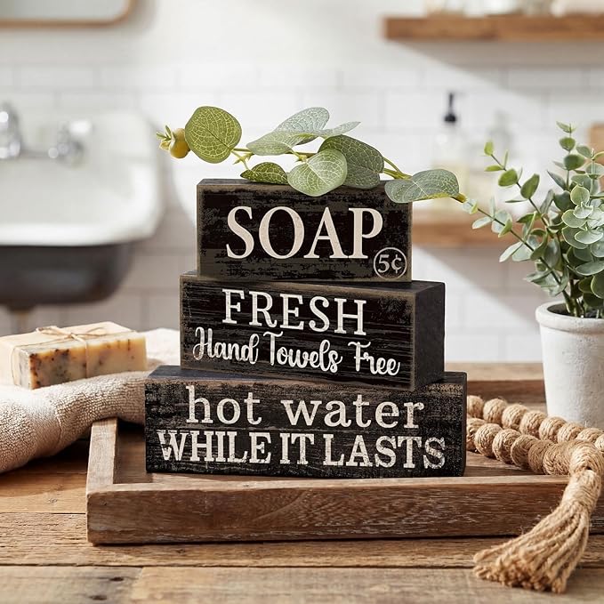 Lineshading 4 Pcs Bathroom Shelf Decor Sign Farmhouse Bathroom Decor and Accessories Rustic Eucalyptus Leaves Block Sign Soap Fresh Hand Towel Free Table Centerpiece for Home Toilet Hotel Campsite