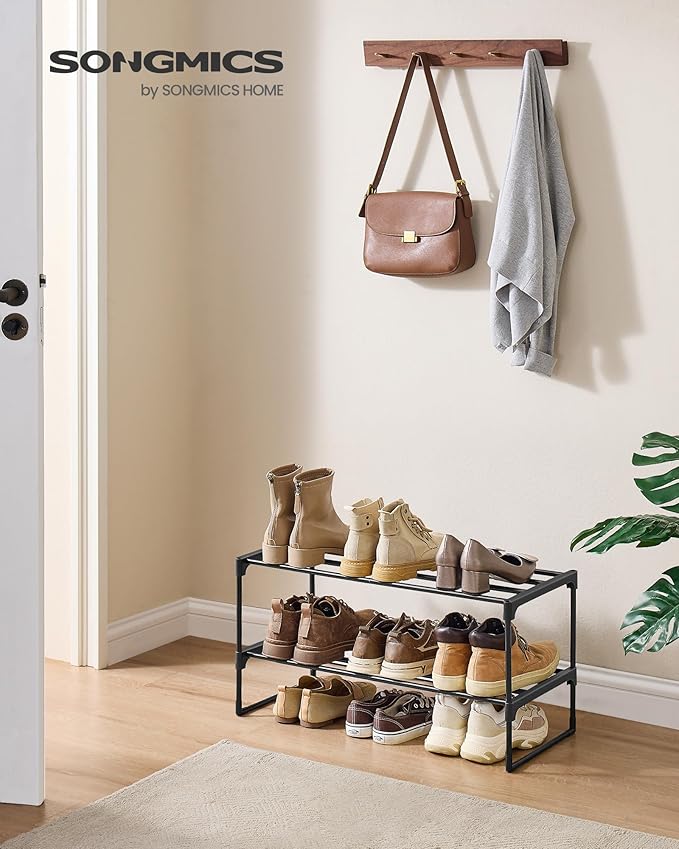 SONGMICS Shoe Rack, 2-Tier Shoe Organizer, Metal Storage Shelf, Upright or Upside Down, for 6-9 Pairs, Stackable, for Entryway, 11.8 x 26.8 x 14.6 Inches, Black ULSA202B01