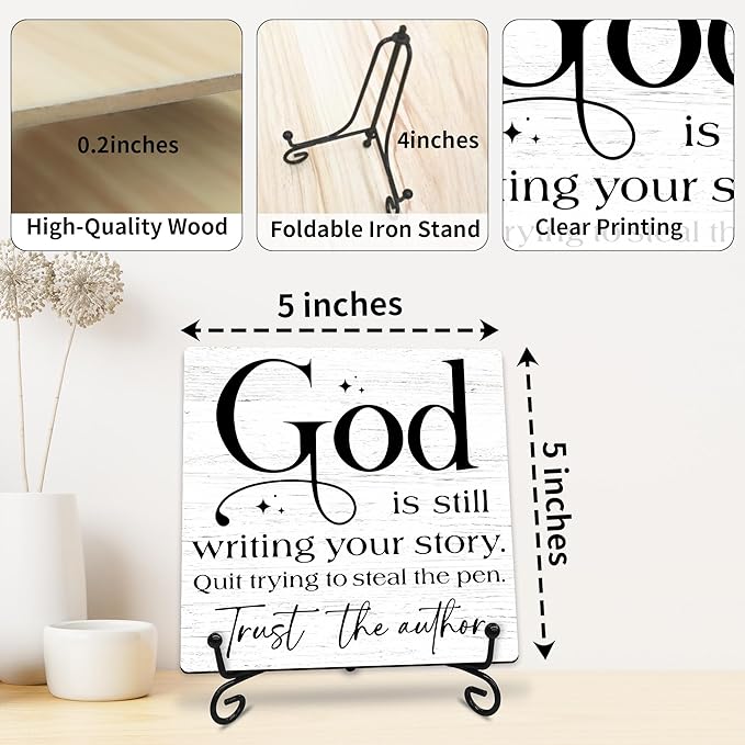 God Is Still Writing Your Story Wooden Sign - 5" Christian Wooden Plaque With Metal Support - Rustic Tabletop Home, Office Room Decor - Gifts For Family & Friends - A05