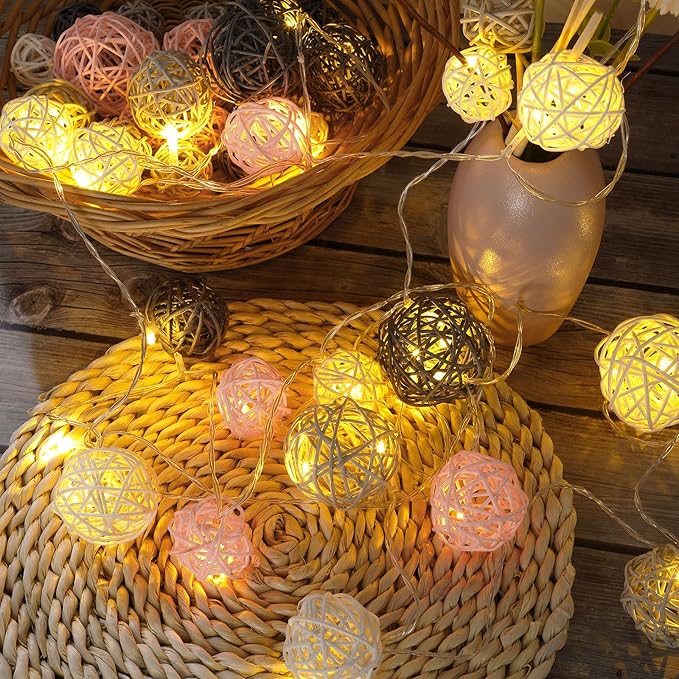 Patelai 36 Pcs Wicker Rattan Balls Decorative Balls for Vase Centerpiece Bowls Orbs Filler for Home Decor,4 Sizes(White, Pink, Light Grey, Dark Grey,2.4'',2'',1.6'',1.2'')