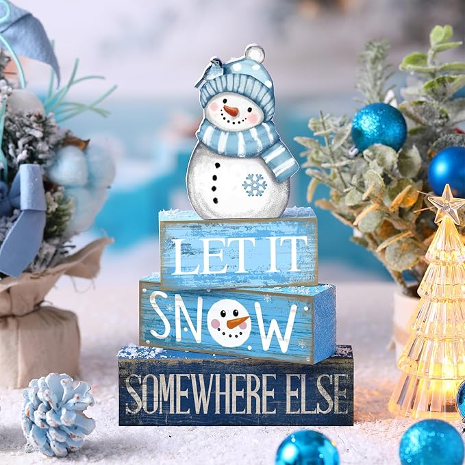 Lineshading 4 Pcs Snowman Christmas Table Decorations Blue and White Wooden Snowman Stacked Block Sign Gifts Winter Tiered Tray Decor Rustic Winter Centerpiece for Wonderland Party Home Kitchen