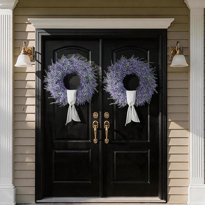 26" Artificial Lavender & Eucalyptus Wreath with Sash for Front Door, Porch, Window - Large Greenery Outdoor Wreath for Home, Farmhouse Decor - Spring, Summer, All Seasons (Purple)