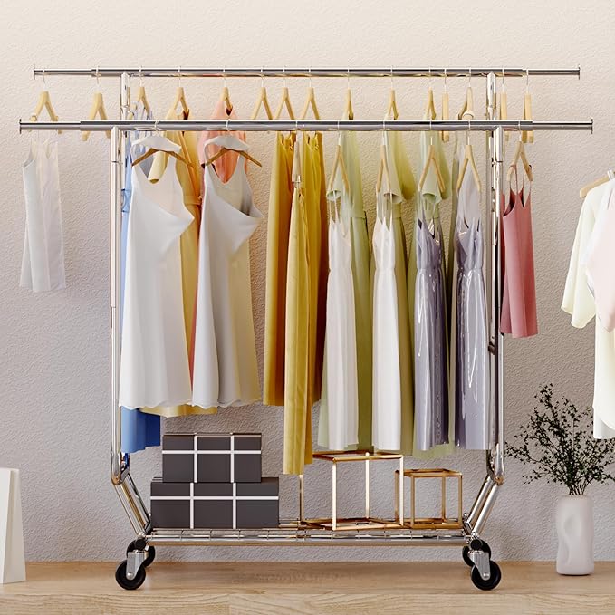 HOKEEPER Clothes Rack Heavy Duty Clothing Rack Load 650 LBS Collapsible Garment Rack with Wheels Double Rod Clothes Rack for Hanging Clothes Commercial Portable Closet Rack with Shelves 22"D*75"W*68"H