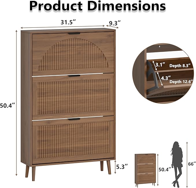 Shoe Cabinet for Entryway with 3 Flip Drawers, Slim Wooden Shoe Storage Organizer with Modern Fluted Pannel，Freestanding Narrow Hidden Shoe Rack for Hallway, Foyer, Living Room