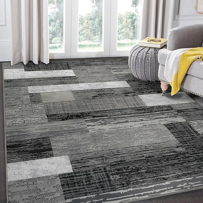 FlyDOIT Modern Geometric Patchwork Area Rug, 8x10 Grey Large Rugs for Living Room, Rockwood Collection Indoor Rugs for Bedroom, Throw Carpet Floor Decor for Entryway Dining Room Office Nursery