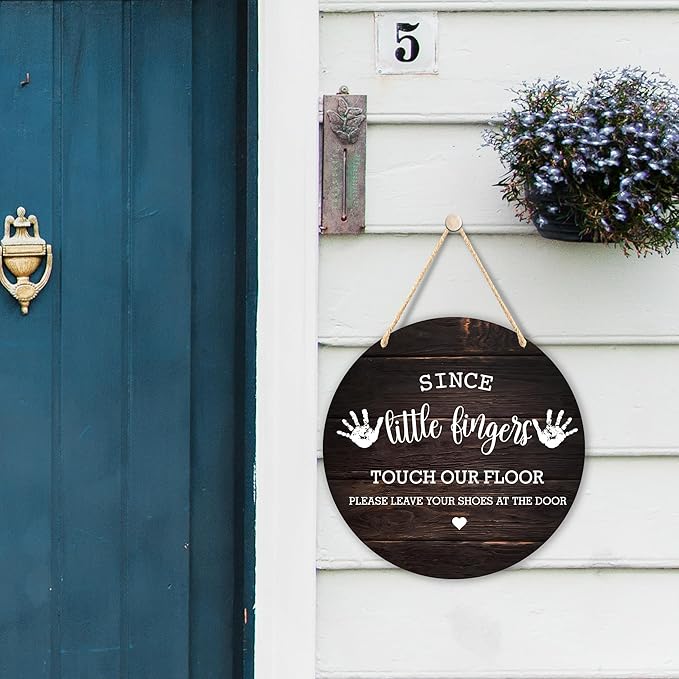 Wall Pediments Shoes Off Sign,Shoes Off Sign for Front Door,Since Little Fingers Touch Our Floor Door Sign,Please Take Your Shoes Off Sign,9.8x9.8 Inches（05）