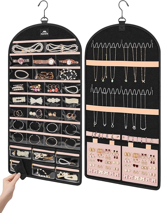 MATEIN Hanging Jewelry Organizer with Removable Zipper Jewelry Pouches, Tangle-Free Necklace Hanger for Closet with Metal Hook, Over the Door Earring Storage Bracelet Ring Holder