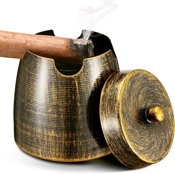 Cigar Ashtray with Lid for Outdoors Outside Patio Home Retro Decor,Large Cigar Holder Ash tray Outdoors,Cigar Accessories Gift for Men Dad Husband Boyfriend-Small