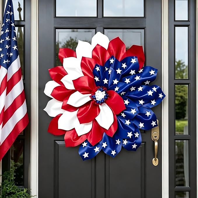 4th of July Decorations Outdoor Patriotic Wreaths for Front Door 250th Anniversary Decorations Red White and Blue American Flag Wreath (Red White and Blue American Flag)