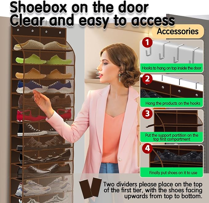 Over The Door Shoe Organizer with 12 Large Breathable Pockets - Durable Hanging Storage for the Entire Family's Shoes (Espresso)