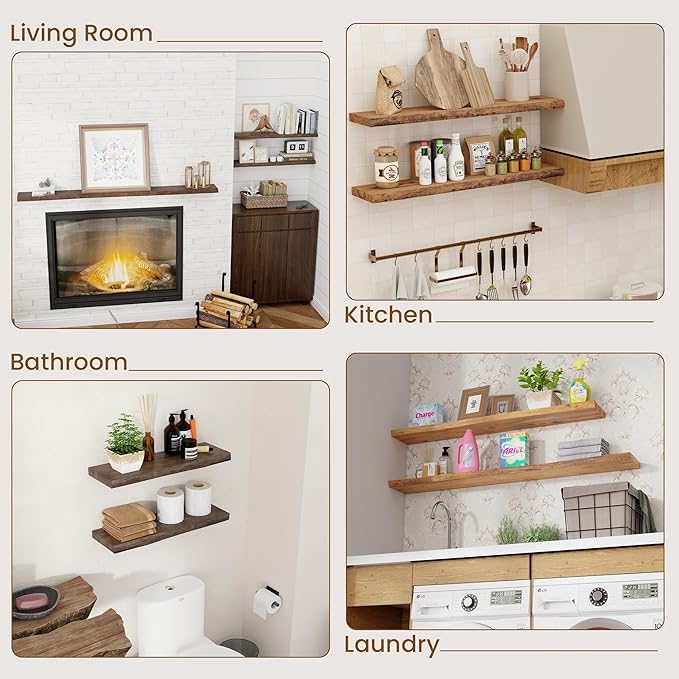 Floating Shelves for Wall Decor, Rustic Solid Elm Wood Live Edge Floating Shelves Wall Mounted, Wall Shelves with Invisible Bracket for Living Room Bathroom Bedroom Kitchen, 32 Inch Set of 2, Walnut