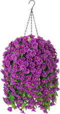 Artificial Faux Hanging Flowers Basket for Spring Summer Outdoor Porch Decor, Fake Silk Colorful Morning Glory Eucalyptus in Planter UV Resistant Look Real for Home Balcony Yard(Darkorchid)