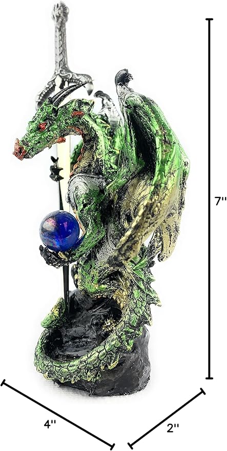 Ain't It Nice Medieval Dragon Statue with Sword and Crystal Ball - Collectible Fantasy Figurine Decor, Green 4(L) 2(W) 7(H) Inches