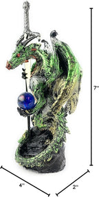 Ain't It Nice Medieval Dragon Statue with Sword and Crystal Ball - Collectible Fantasy Figurine Decor, Green 4(L) 2(W) 7(H) Inches