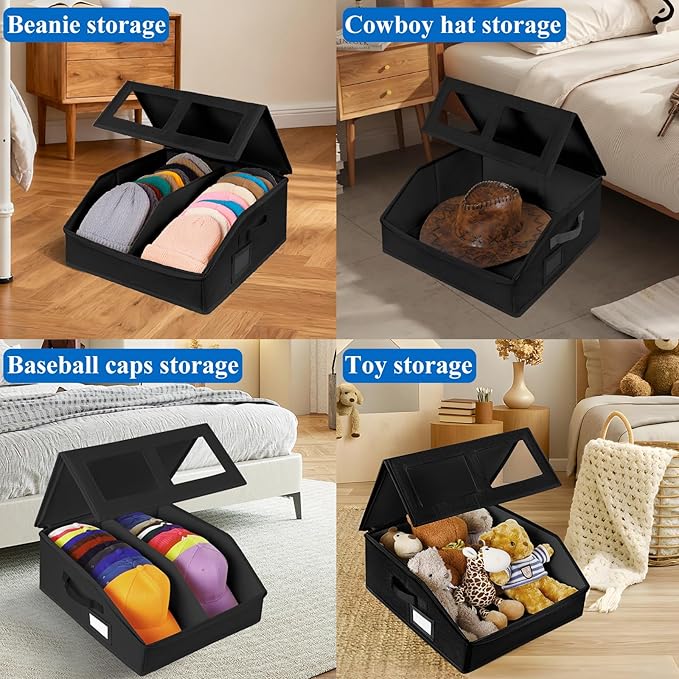 2 Pack Hat Storage for Baseball Caps-Holds Up to 48 Caps, Hat Organizer for Closet Stackable Hat Box with Cardboard, Dustproof Baseball Cap Organizer with 2 Handles for Home Travel (Black, 2Pack)